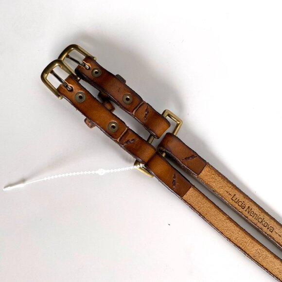 Lucia Nenickova Vintage Double Buckle Leather Belt Tan Brown Adjustable Belt - Picture 6 of 10